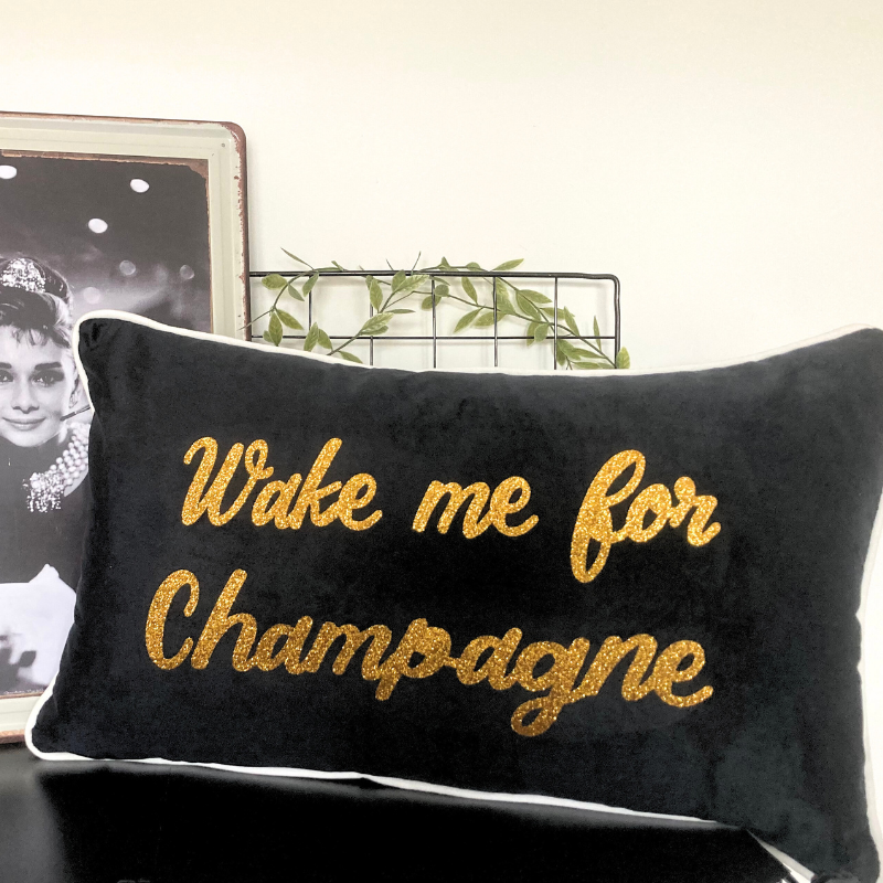 'Wake me for Champagne' Black and Gold Cushion (30x50)