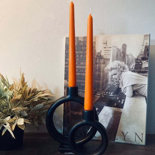 Pair of Circular Black Candle Holders with Orange Candles (ONLY ONE SET LEFT!)