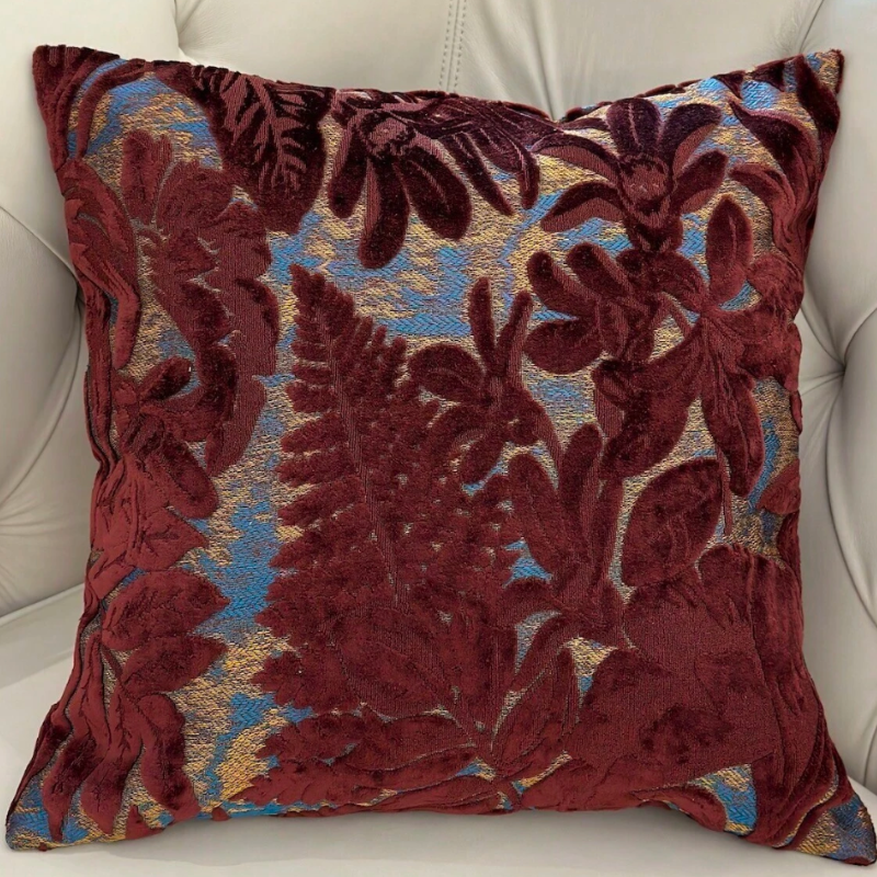 (Set of 2) Jacquard Burgundy Leaf Cushions (45x45)