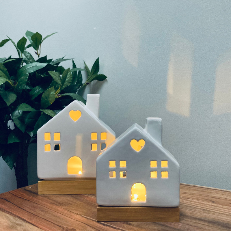 Pair of LED Ceramic House Decorations