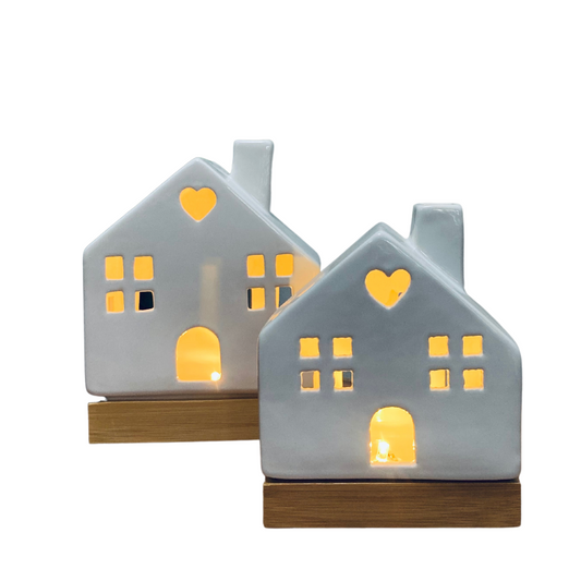 Pair of LED Ceramic House Decorations