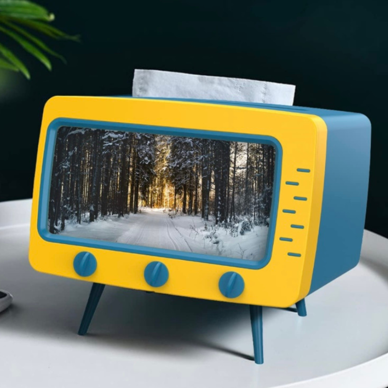 Porta pañuelos Retro TV (azul y amarillo)